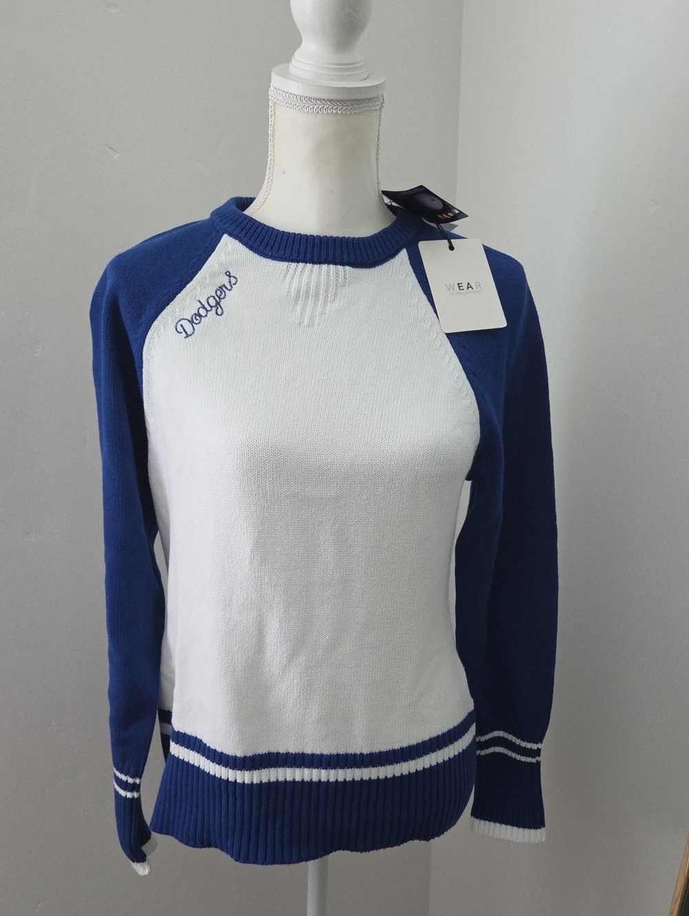 Dodgers Embroidered Raglan Crewneck Sweater in White and Blue